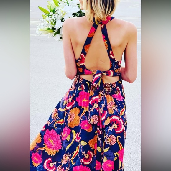 Japna Dresses & Skirts - Japna Navy Floral Halter Back-Tie Maxi Dress with Pink & Orange Blooms